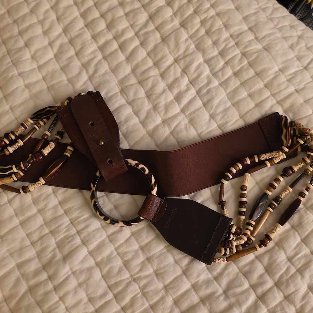 Chico's Brown Leather and Cream Beaded Belt one Size Adjustable